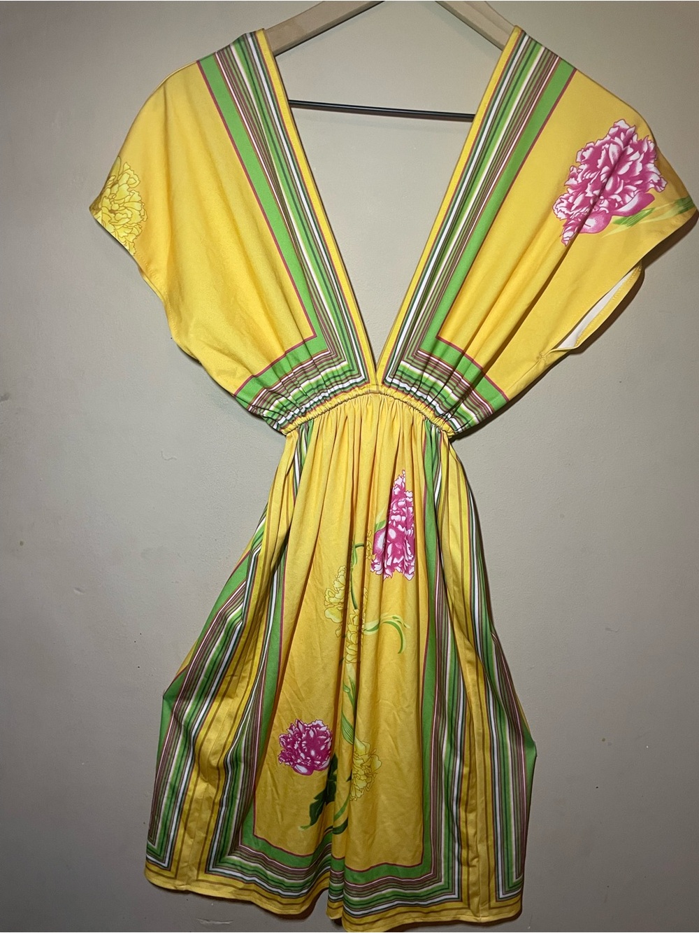 XXI Forever 21 Yellow Floral Kimono Sleeve Tunic Cover Up Dress S Boho Tropical